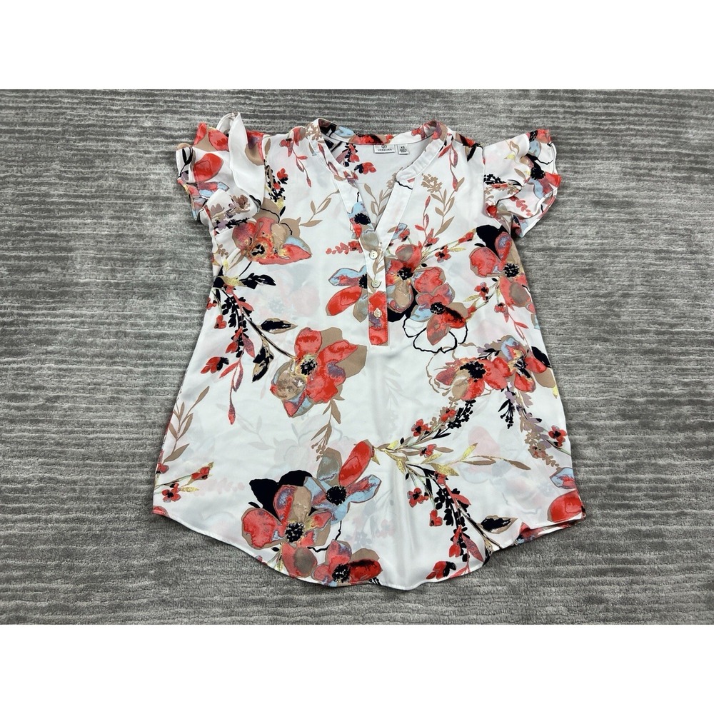 Versona Blouse Women XS White Floral Flutter Sleeve Henley V-Neck Polyester Top